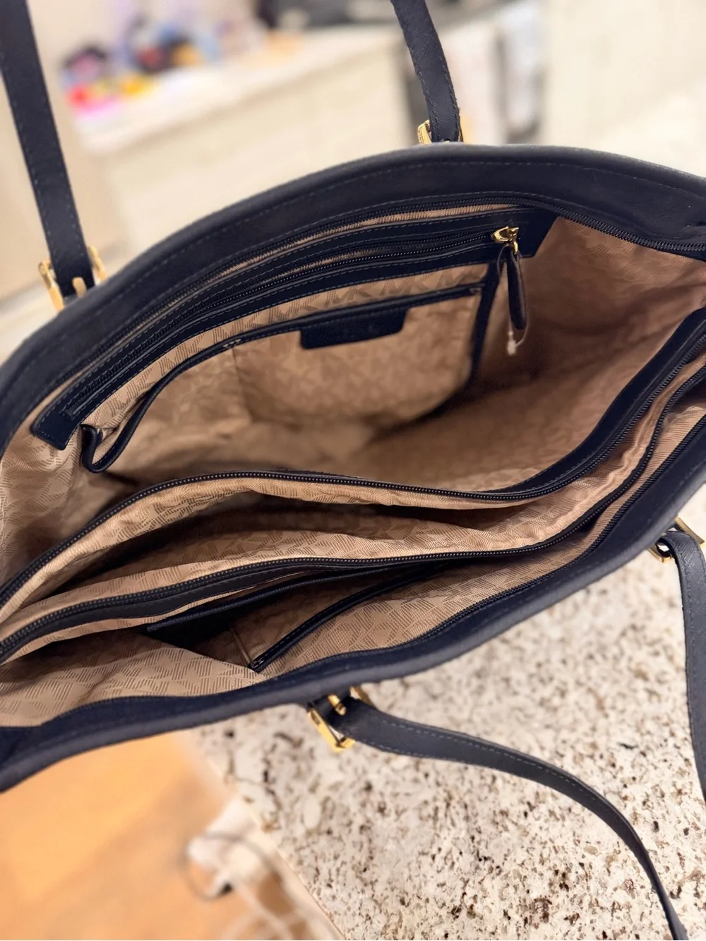 Michael Kors Navy Leather Tote with Gold MK Charm